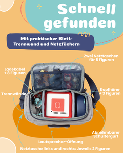 Tasche für Toniebox - "BoxBag" für Musikbox, 20 Figuren und Kopfhörer, Grau-Blau Feuerwehr