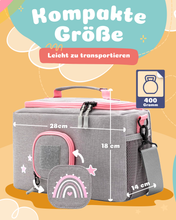 Load image into Gallery viewer, Tasche für Toniebox - &quot;BoxBag&quot; für Musikbox, 20 Figuren und Kopfhörer, Grau-Rosa Regenbogen
