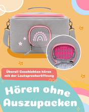 Load image into Gallery viewer, Tasche für Toniebox - &quot;BoxBag&quot; für Musikbox, 20 Figuren und Kopfhörer, Grau-Rosa Regenbogen
