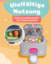 Load image into Gallery viewer, Tasche für Toniebox - &quot;BoxBag&quot; für Musikbox, 20 Figuren und Kopfhörer, Grau-Rosa Regenbogen
